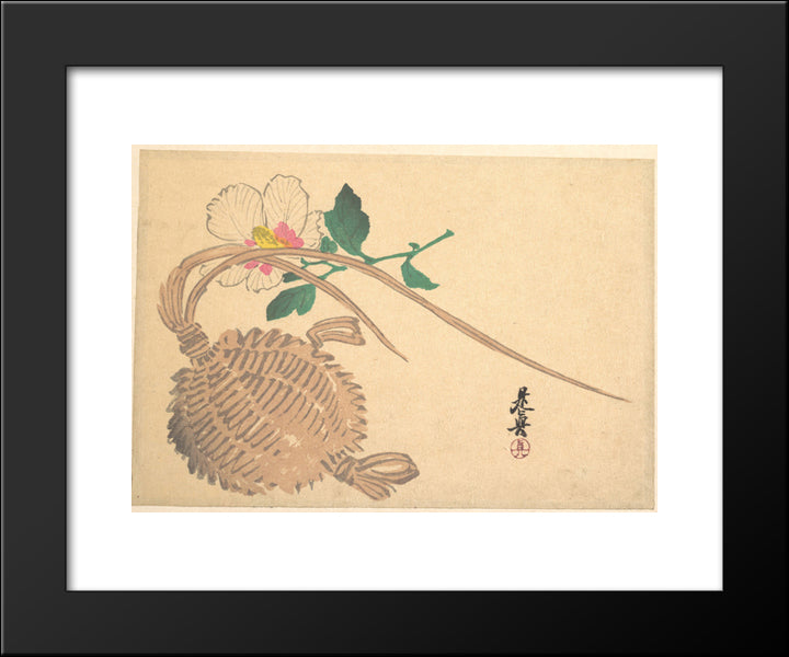 Straw Basket For Fish And Mokuge Flower 20x24 Black Modern Wood Framed Art Print Poster by Zeshin, Shibata