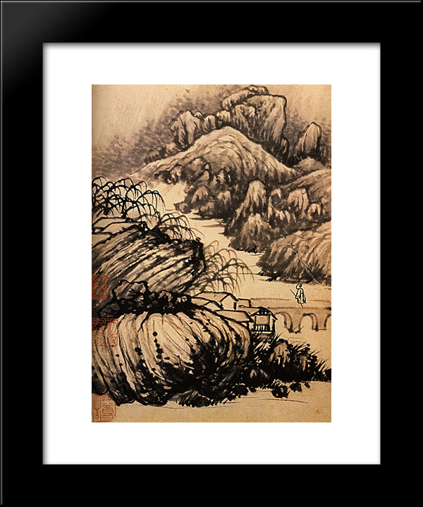Hiking In The Area Of The Temple Of The Dragon 20x24 Black Modern Wood Framed Art Print Poster by Shitao