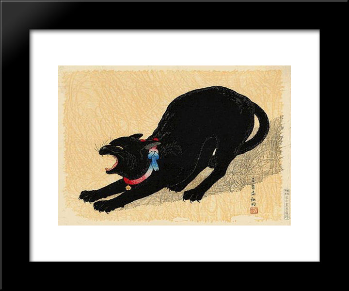 Cat With Bell 20x24 Black Modern Wood Framed Art Print Poster by Takahashi, Shotei