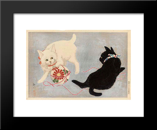 Cats With Ball 20x24 Black Modern Wood Framed Art Print Poster by Takahashi, Shotei