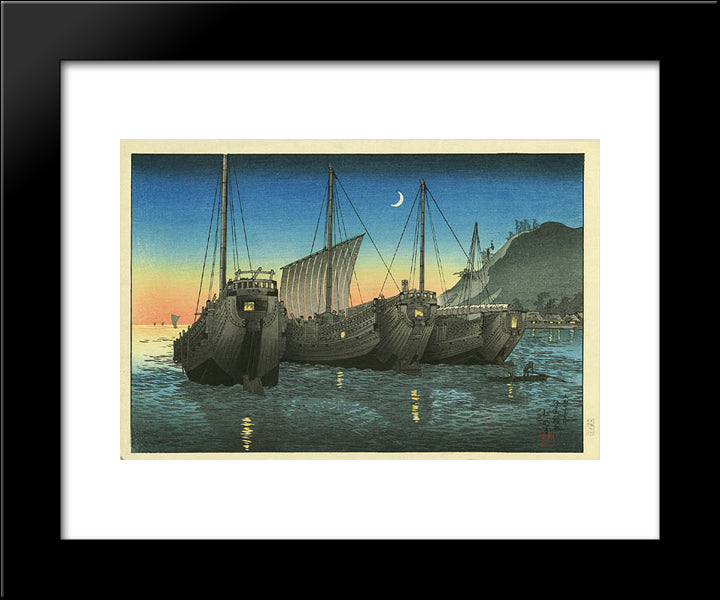 Junks In Inatori Bay 20x24 Black Modern Wood Framed Art Print Poster by Takahashi, Shotei