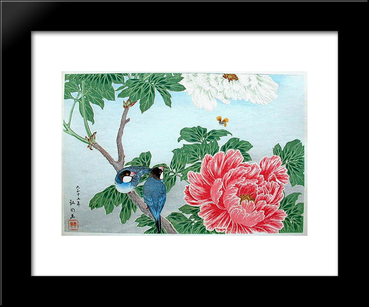 Peony And Paddy-Birds 20x24 Black Modern Wood Framed Art Print Poster by Takahashi, Shotei