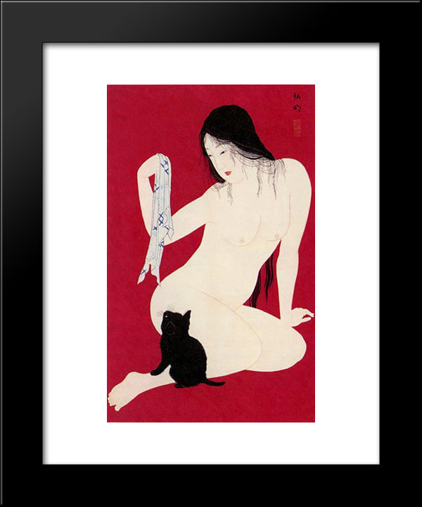 Woman And Kitten 20x24 Black Modern Wood Framed Art Print Poster by Takahashi, Shotei