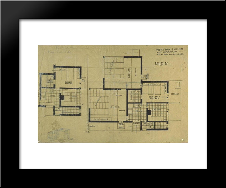 Double Studio Apartment Design, Plans And Axonometry 20x24 Black Modern Wood Framed Art Print Poster by Doesburg, Theo van