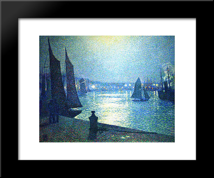Moonlight Night In Boulogne 20x24 Black Modern Wood Framed Art Print Poster by Rysselberghe, Theo van