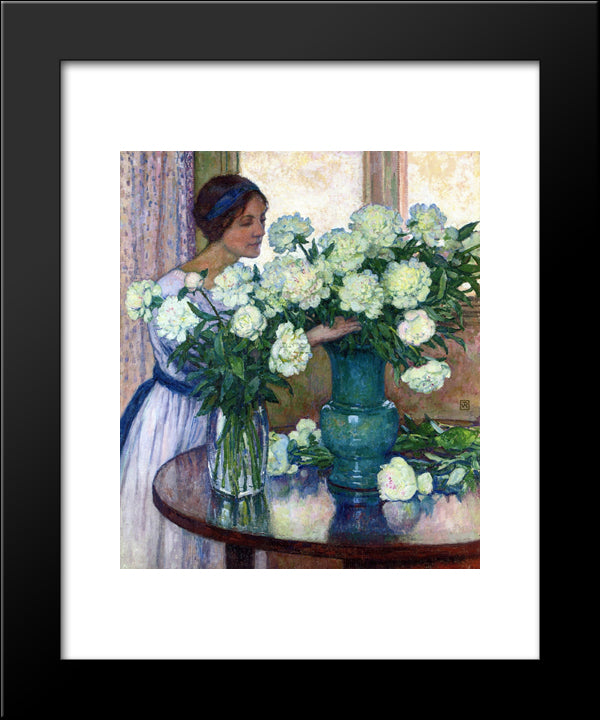 White Peonies 20x24 Black Modern Wood Framed Art Print Poster by Rysselberghe, Theo van