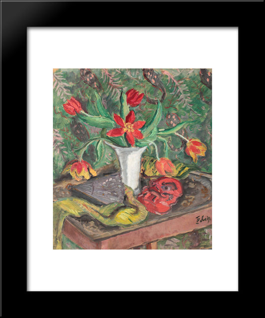 Still Life With Lilies, Fan And Red Mask 20x24 Black Modern Wood Framed Art Print Poster by Pallady, Theodor