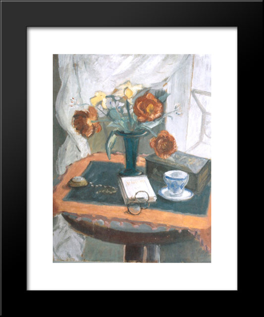 Still Life With Peonies And Clock 20x24 Black Modern Wood Framed Art Print Poster by Pallady, Theodor