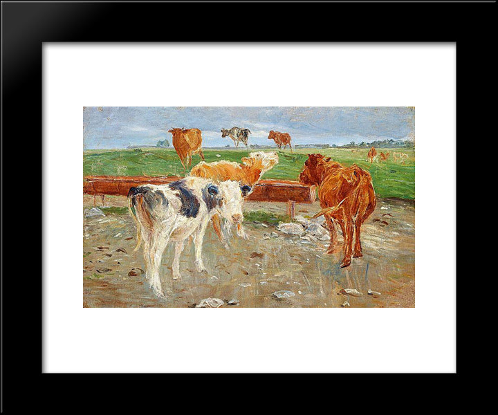 Cows Near The Well At Gammelgaard, Saltholm 20x24 Black Modern Wood Framed Art Print Poster by Philipsen, Theodor