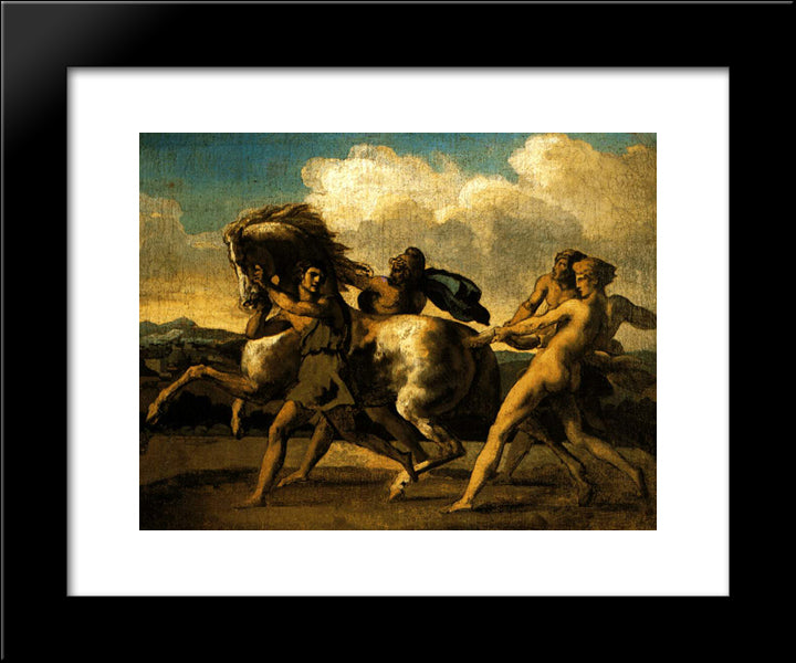 Slaves Stopping A Horse, Study For The Race Of The Barbarian Horses 20x24 Black Modern Wood Framed Art Print Poster by Gericault, Theodore