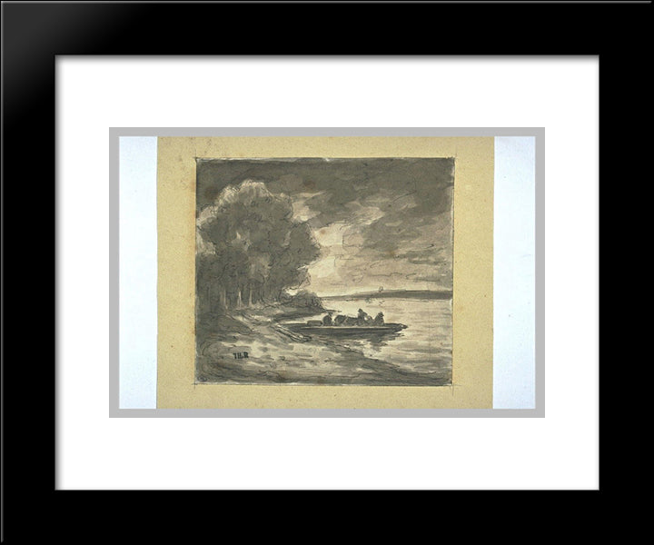 Boat Near A Shore Lined With Trees 20x24 Black Modern Wood Framed Art Print Poster by Rousseau, Theodore