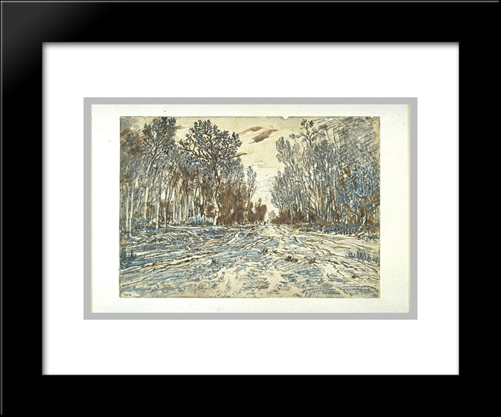 Snowy Path Through A Wood In The Forest Of Fontainebleau 20x24 Black Modern Wood Framed Art Print Poster by Rousseau, Theodore