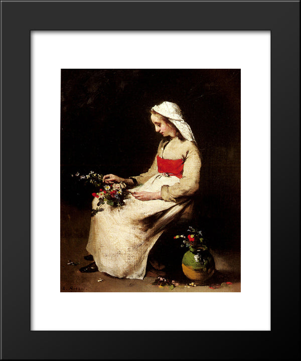 A Girl Arranging A Vase Of Flowers 20x24 Black Modern Wood Framed Art Print Poster by Ribot, Theodule