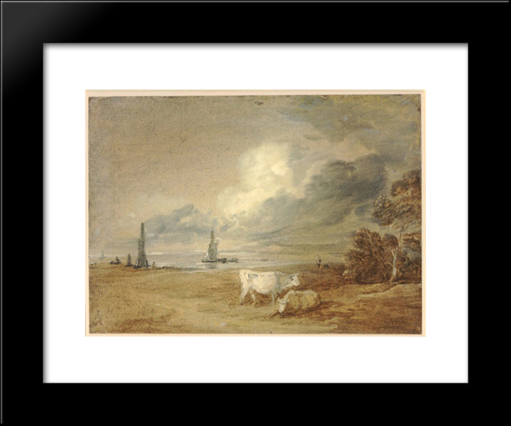 Coastal Scene With Shipping, Figures And Cows 20x24 Black Modern Wood Framed Art Print Poster by Gainsborough, Thomas