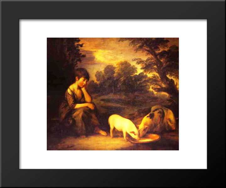 Girl With Pigs 20x24 Black Modern Wood Framed Art Print Poster by Gainsborough, Thomas