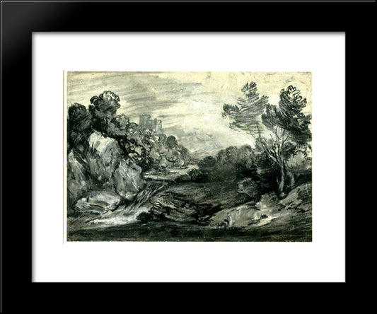 Rocky Wooded Landscape With Waterfall, Castle And Mountain, 20x24 Black Modern Wood Framed Art Print Poster by Gainsborough, Thomas