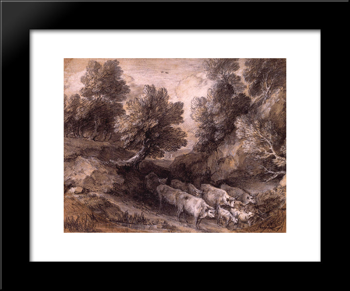 Wooded Landscape With Cattle And Goats 20x24 Black Modern Wood Framed Art Print Poster by Gainsborough, Thomas