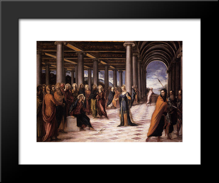 Christ And The Woman Taken In Adultery 20x24 Black Modern Wood Framed Art Print Poster by Tintoretto