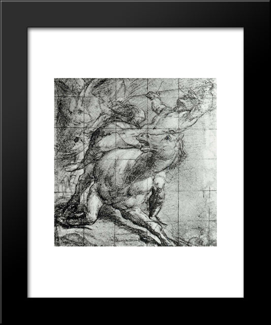 Horse And Rider Black Chalk On Blue Paper 20x24 Black Modern Wood Framed Art Print Poster by Titian