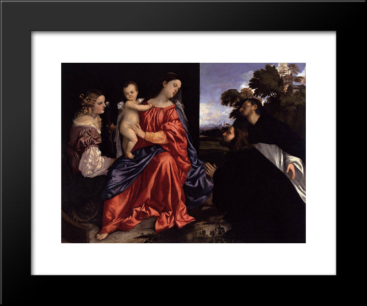 Madonna And Child With Sts Catherine And Dominic And A Donor 20x24 Black Modern Wood Framed Art Print Poster by Titian