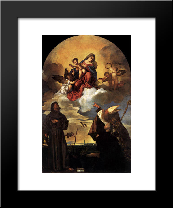 Madonna In Glory With The Christ Child And Sts Francis And Alvise With The Donor 20x24 Black Modern Wood Framed Art Print Poster by Titian