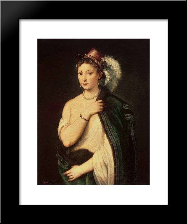 Portrait Of A Young Woman With Feather Hat 20x24 Black Modern Wood Framed Art Print Poster by Titian