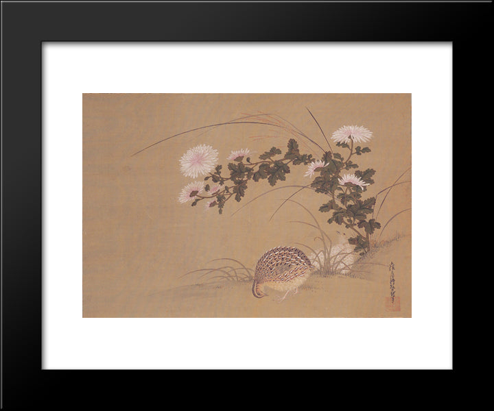 Quail And Chrysanthemums 20x24 Black Modern Wood Framed Art Print Poster by Mitsuoki, Tosa
