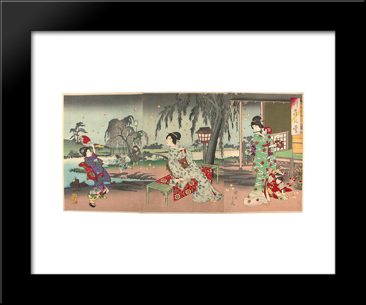Fireflies At A Country House 20x24 Black Modern Wood Framed Art Print Poster by Toyohara, Chikanobu