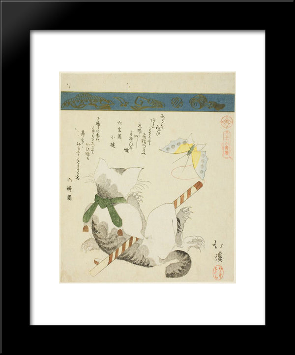 Cat Playing With A Toy Butterfly 20x24 Black Modern Wood Framed Art Print Poster by Hokkei, Toyota