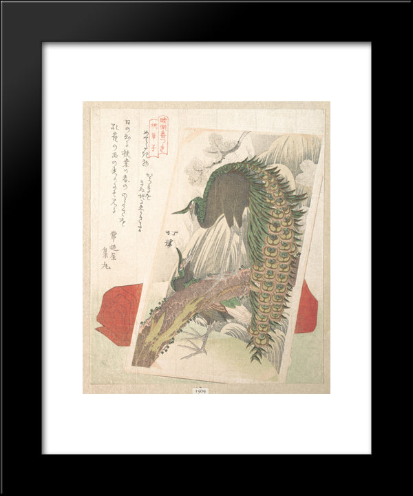 Painting Of Peacocks, Waterfall And A Red Pillow 20x24 Black Modern Wood Framed Art Print Poster by Hokkei, Toyota