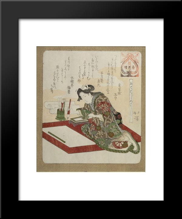 Woman Preparing For The First Calligraphy Of The Year (Kakizome) 20x24 Black Modern Wood Framed Art Print Poster by Hokkei, Toyota