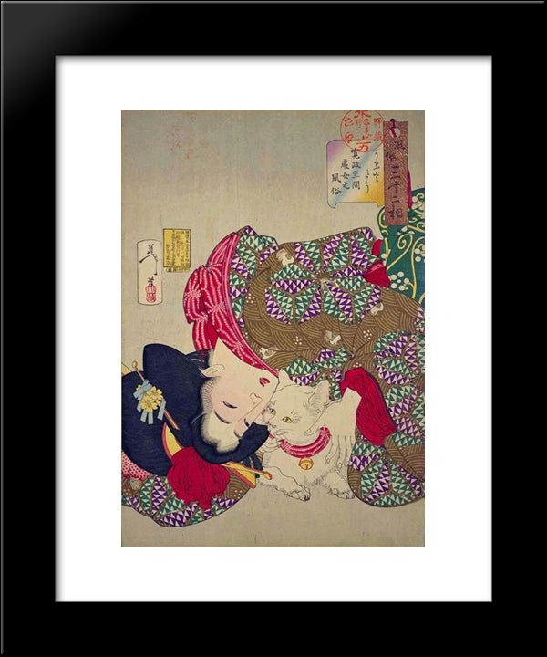 A Young Woman From Kansei Period Playing With Her Cat 20x24 Black Modern Wood Framed Art Print Poster by Yoshitoshi, Tsukioka