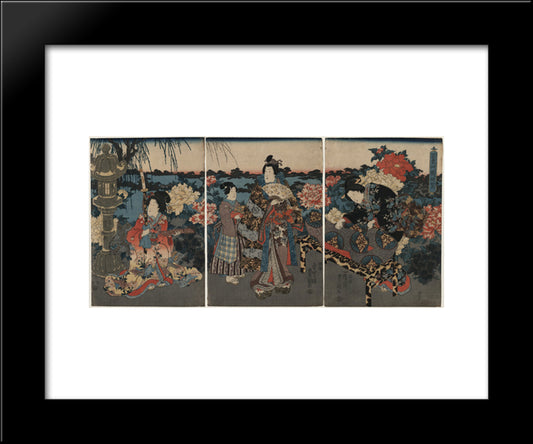 Visit To A Peony Garden 20x24 Black Modern Wood Framed Art Print Poster by Kunisada, Utagawa