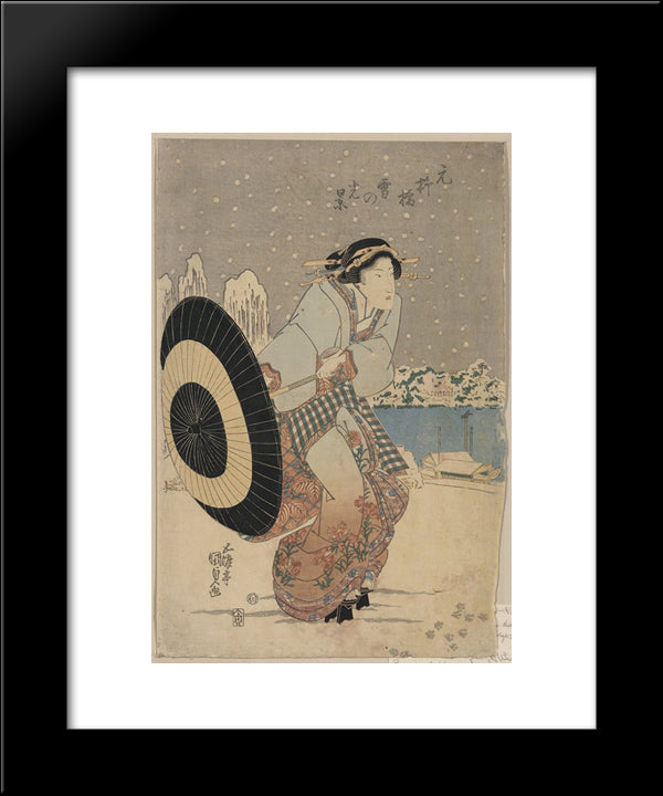 Night Snow Scene At Motonoyanagi Bridge 20x24 Black Modern Wood Framed Art Print Poster by Kunisada II, Utagawa
