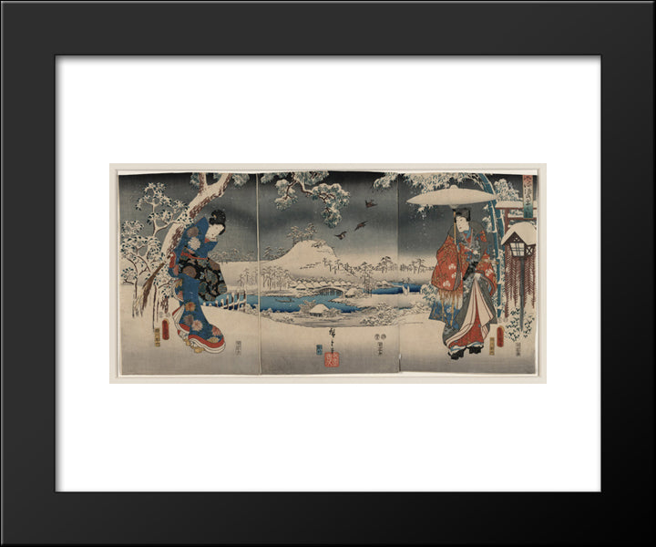 Snowy Landscape With A Woman Brandishing A Broom And A Man Holding An Umbrella 20x24 Black Modern Wood Framed Art Print Poster by Kunisada II, Utagawa