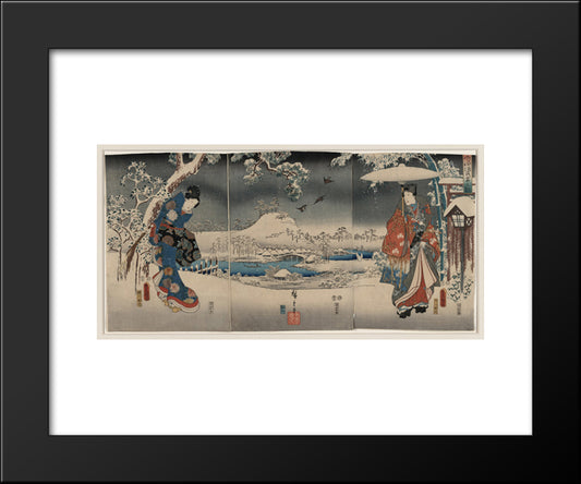 Snowy Landscape With A Woman Brandishing A Broom And A Man Holding An Umbrella 20x24 Black Modern Wood Framed Art Print Poster by Kunisada II, Utagawa