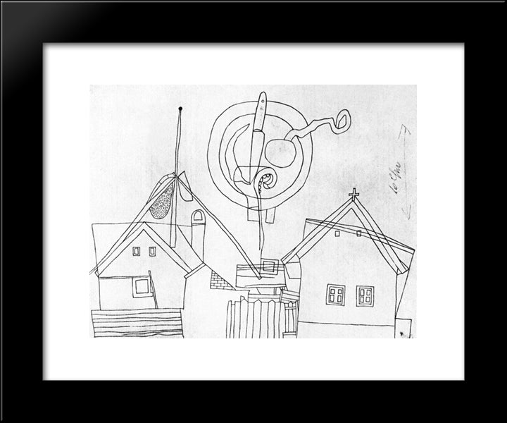 Plate Still-Life Above Houses 20x24 Black Modern Wood Framed Art Print Poster by Lajos, Vajda