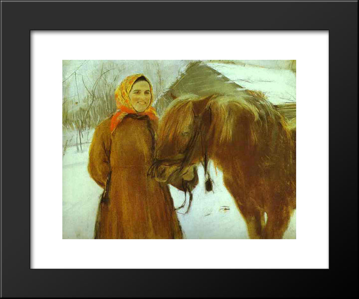 In A Village. Peasant Woman With A Horse 20x24 Black Modern Wood Framed Art Print Poster by Serov, Valentin