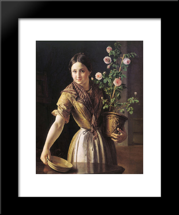A Girl With A Pot Of Roses 20x24 Black Modern Wood Framed Art Print Poster by Tropinin, Vasily
