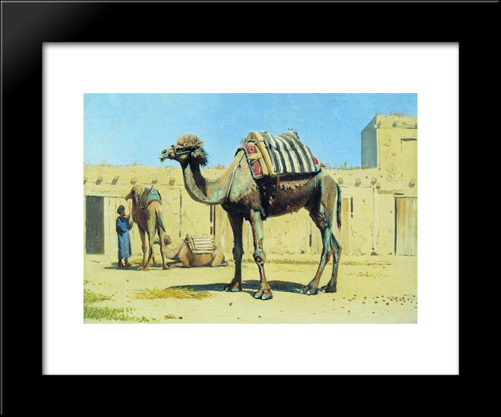 Camel In The Courtyard Of Caravanserai 20x24 Black Modern Wood Framed Art Print Poster by Vereshchagin, Vasily