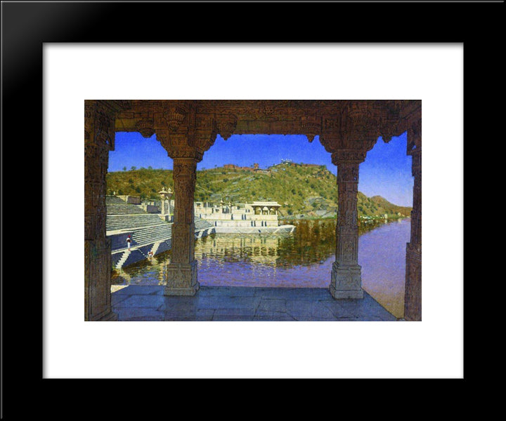 Radzhnagar. Marble, Adorned With Bas-Reliefs Quay On The Lake In Udaipur 20x24 Black Modern Wood Framed Art Print Poster by Vereshchagin, Vasily