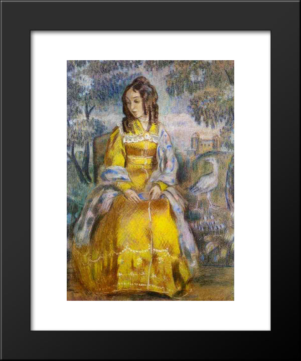 Lady Seated, With A Tapestry In The Background 20x24 Black Modern Wood Framed Art Print Poster by Borisov Musatov, Victor