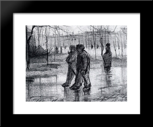 A Public Garden With People Walking In The Rain 20x24 Black Modern Wood Framed Art Print Poster by Van Gogh, Vincent