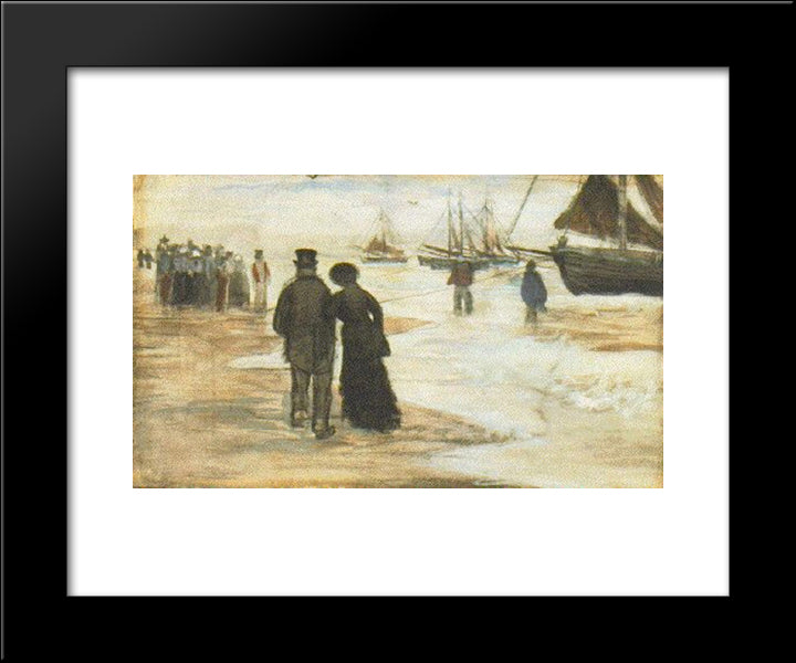 Beach With People Walking And Boats 20x24 Black Modern Wood Framed Art Print Poster by Van Gogh, Vincent