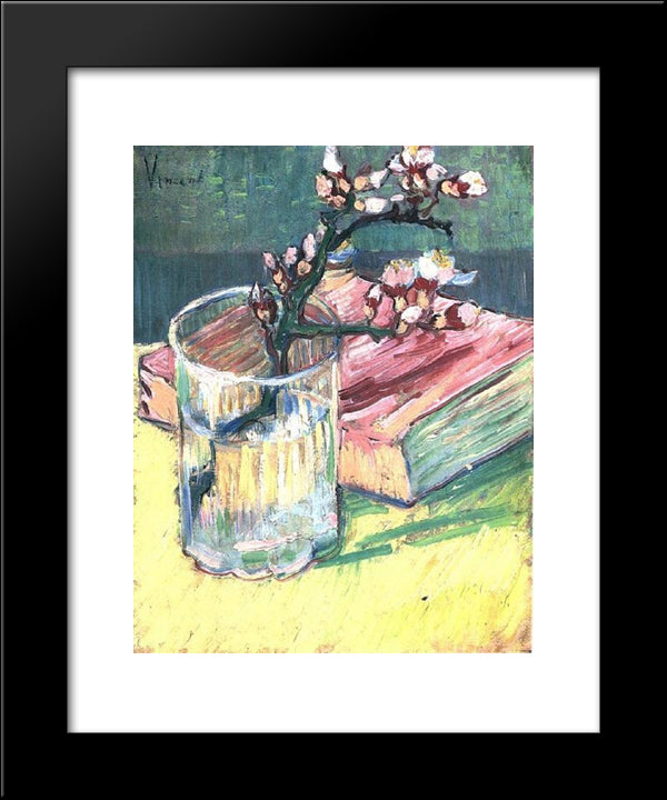 Blossoming Almond Branch In A Glass With A Book 20x24 Black Modern Wood Framed Art Print Poster by Van Gogh, Vincent