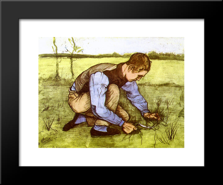 Boy Cutting Grass With A Sickle 20x24 Black Modern Wood Framed Art Print Poster by Van Gogh, Vincent