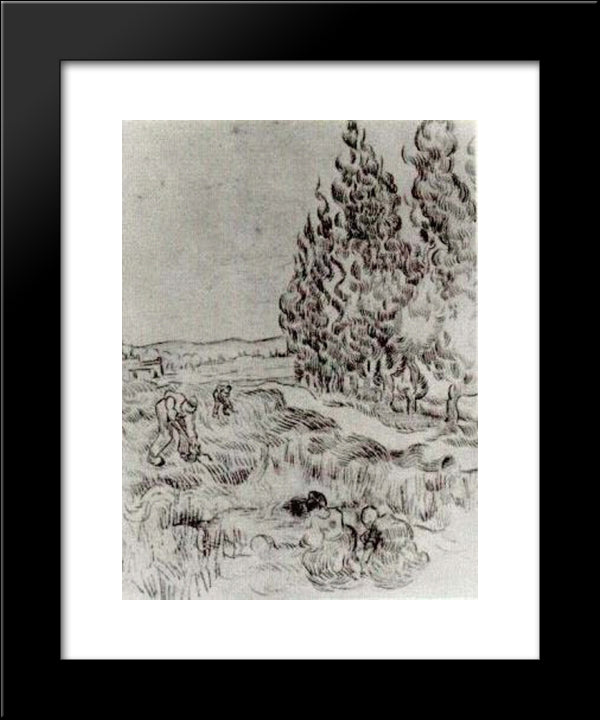 Cypresses With Four People Working In The Field 20x24 Black Modern Wood Framed Art Print Poster by Van Gogh, Vincent