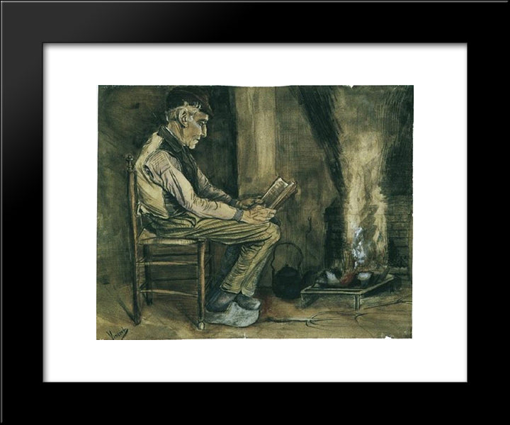 Farmer Sitting At The Fireside And Reading 20x24 Black Modern Wood Framed Art Print Poster by Van Gogh, Vincent