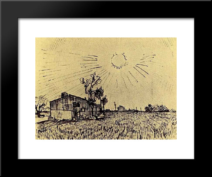 Field With Houses Under A Sky With Sun Disk 20x24 Black Modern Wood Framed Art Print Poster by Van Gogh, Vincent