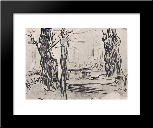 Garden Of The Asylum And Tree Trunks And A Stone Bench 20x24 Black Modern Wood Framed Art Print Poster by Van Gogh, Vincent